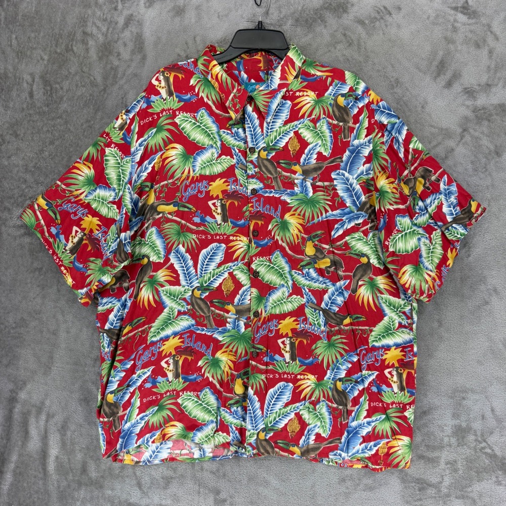 Reyn Spooner Garys Island Mens XXL Red Tropical Toucan Dicks Last Resort Rayon